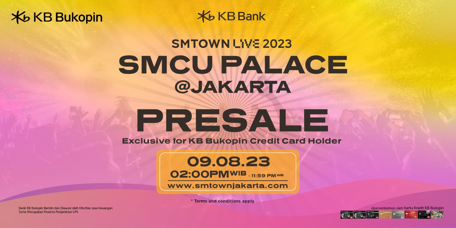 penjualan Tiket Konser ‘SMTOWN LIVE 2023 SMCU PALACE @JAKARTA with KB Bank’ melalui Presale yang diadakan eksklusif oleh Bank KB Bukopin akan dimulai besok, Rabu, 9 Agustus 2023, pukul 14.00 – 23.59 WIB. dok. ist. Jangan lupa, Penjualan Tiket Konser SMTOWN Presale Bank KB Bukopin Mulai Besok!