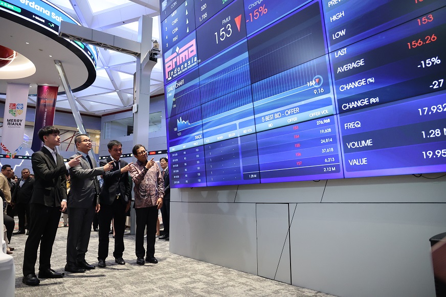 Pengurus Prima Multi Usaha menilik dari dekat pergerakan perdana saham perseroan di Main Hall Bursa Efek Indonesia. FOTO - ISTIMEWA Komisaris Blunder, Ini Penjelasan Bos PMUI