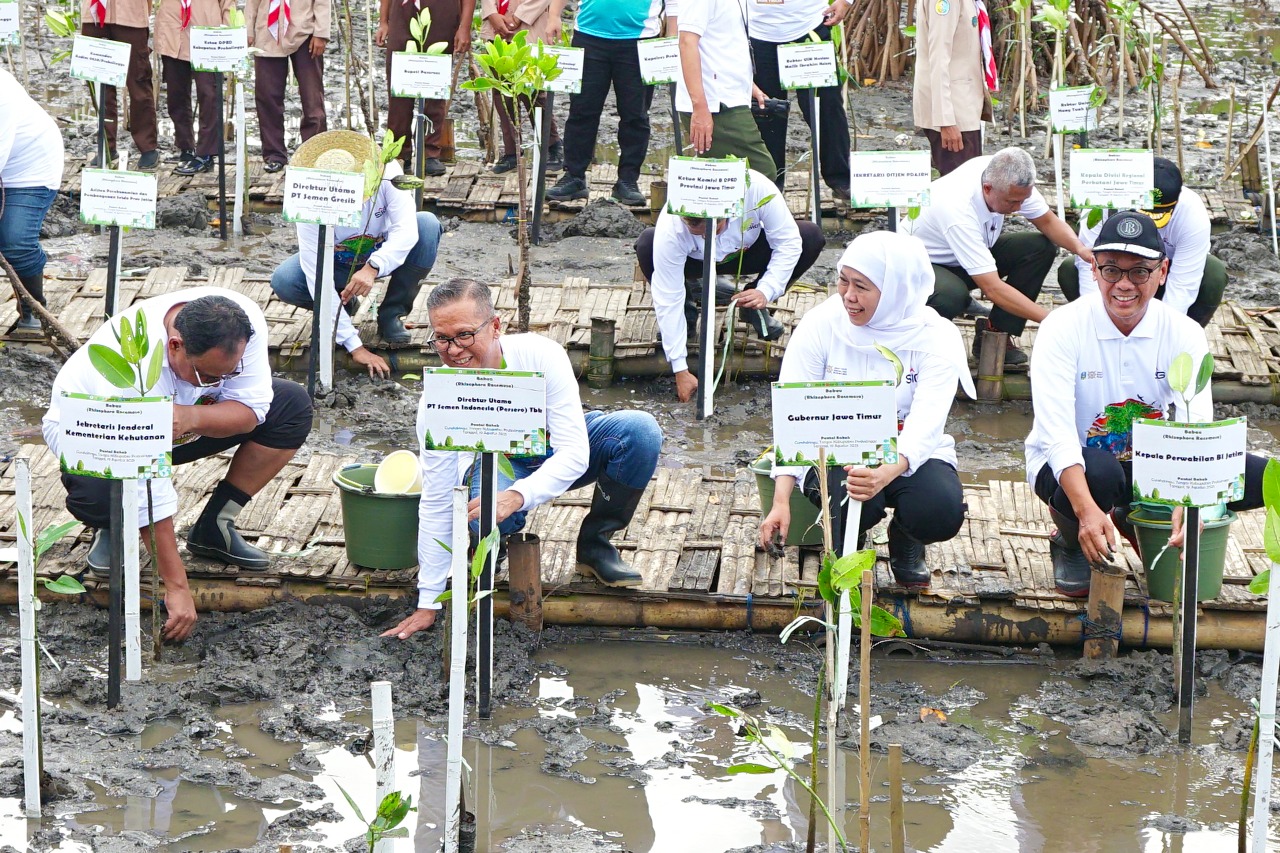 Direktur Utama SIG Indrieffouny Indra (kedua kiri) bersama Gubernur Jawa Timur Khofifah Indar Parawansa (ketiga kiri) melakukan penanaman bibit bakau _(mangrove)_ pada acara Festival Mangrove ke-7 Provinsi Jawa Timur di kawasan pesisir Pantai Bahak, Curahdringu, Tongas, Probolinggo, Jawa Timur, pada Selasa (19/8/2025). SIG (SMGR) Tanam 17.845 Mangrove, Dukung Jatim Jadi Jawara Konservasi