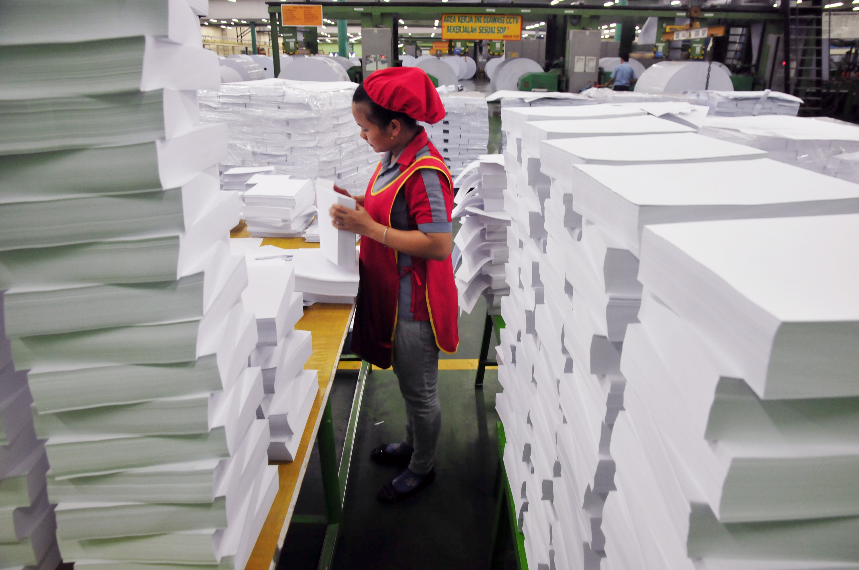 Seorang pekerja tengah mengecek tumpukan kertas produksi perseroan. FOTO - ISTIMEWA Grup Sinarmas (INKP) Jajakan Obligasi Jumbo, Telisik Detailnya