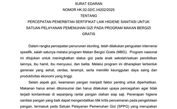 Kemenkes Kebut Penerbitan Sertifikat Laik Higiene Sanitasi Dapur MBG