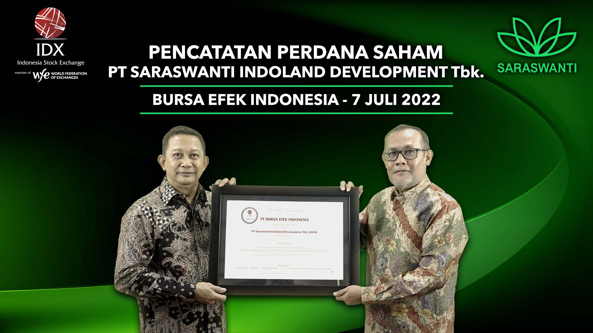 OJK Tetapkan Saham Saraswanti Indoland Development (SWID) Sebagai Efek Syariah
